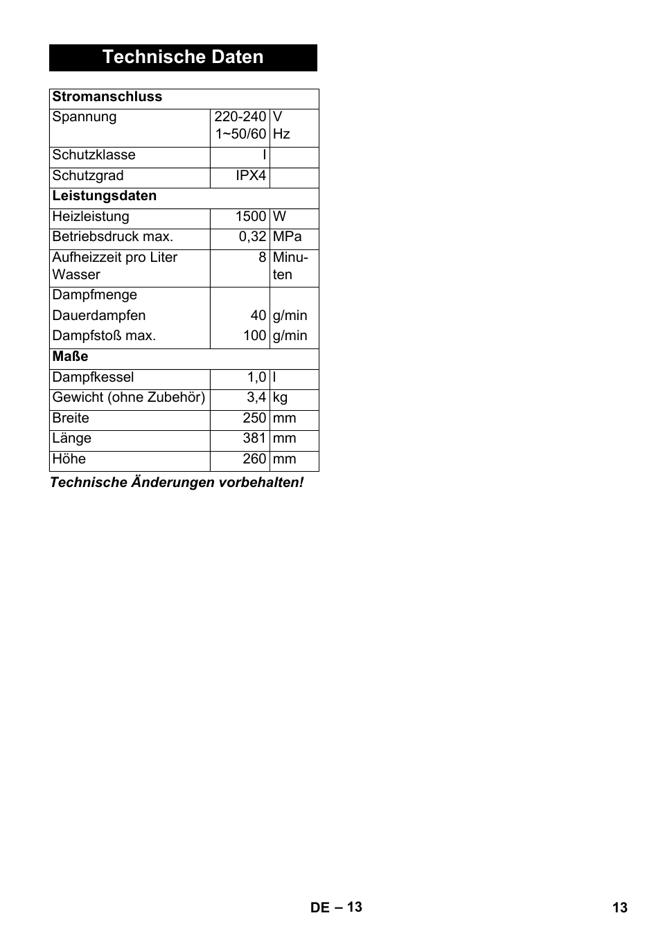 Technische daten | Karcher SC 1-010 User Manual | Page 13 / 230