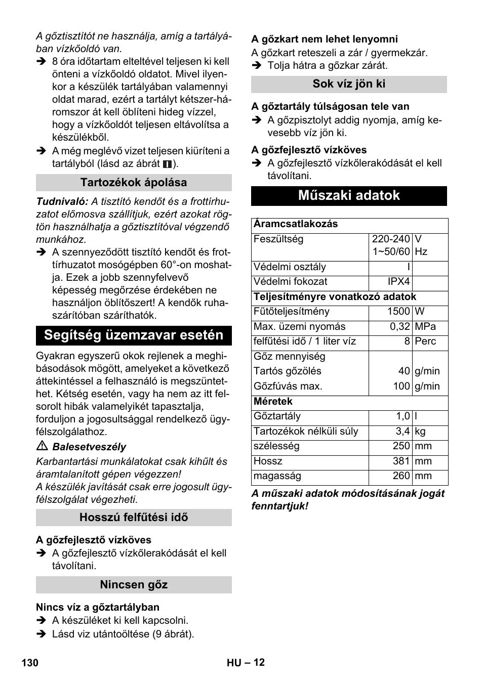 Segítség üzemzavar esetén, Műszaki adatok | Karcher SC 1-010 User Manual | Page 130 / 230