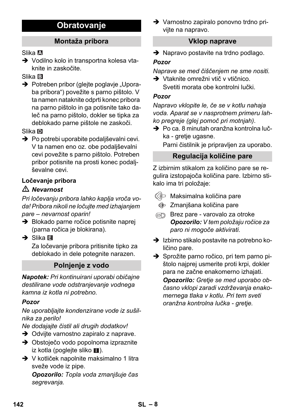 Obratovanje | Karcher SC 1-010 User Manual | Page 142 / 230