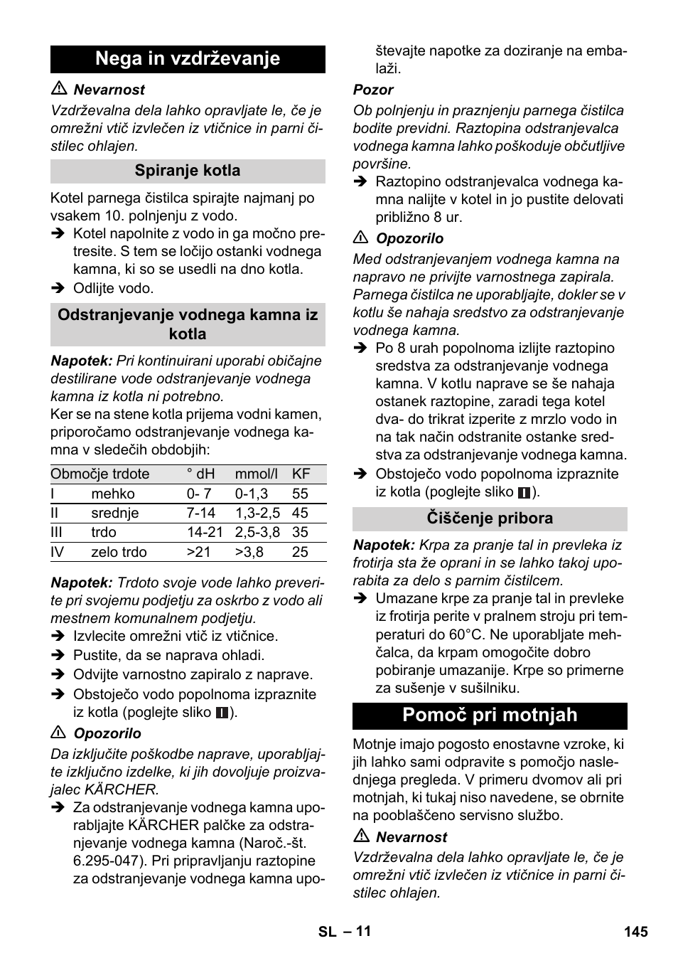 Nega in vzdrževanje, Pomoč pri motnjah | Karcher SC 1-010 User Manual | Page 145 / 230