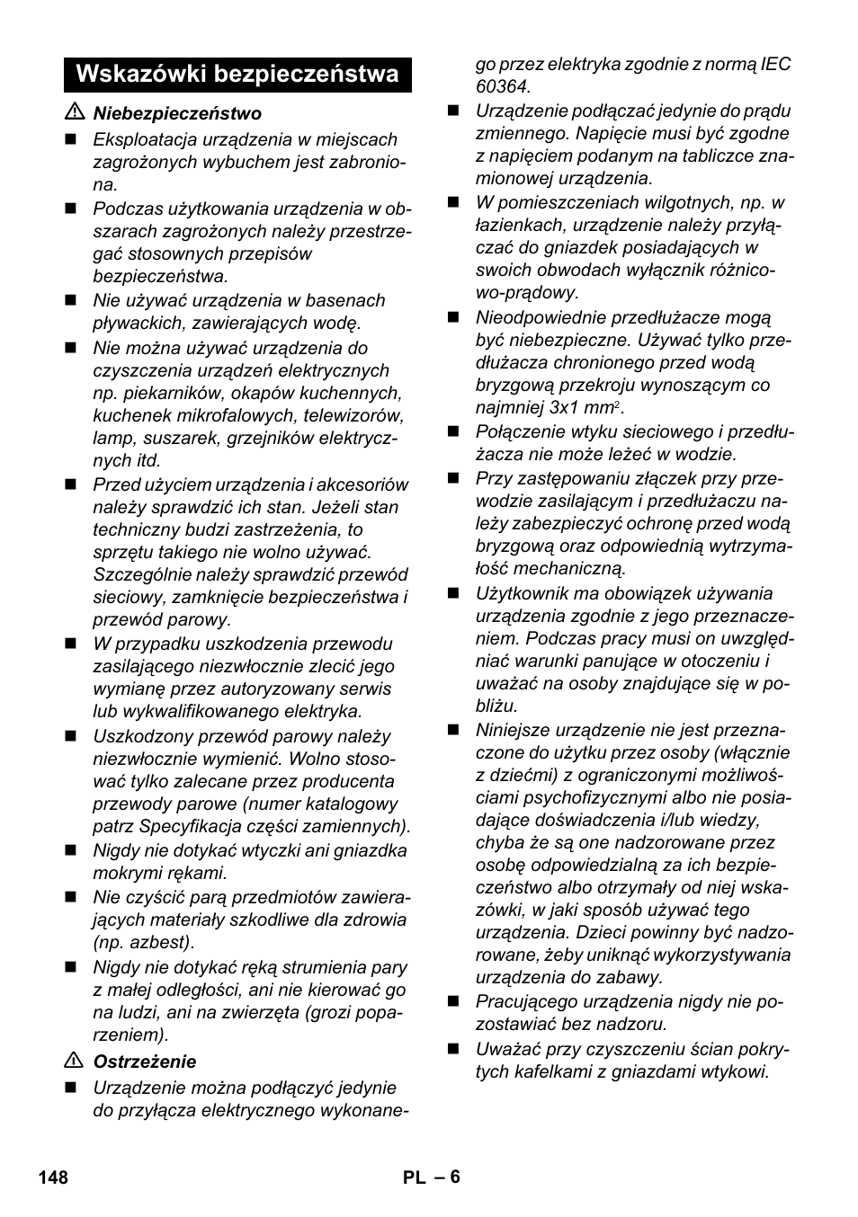 Wskazówki bezpieczeństwa | Karcher SC 1-010 User Manual | Page 148 / 230