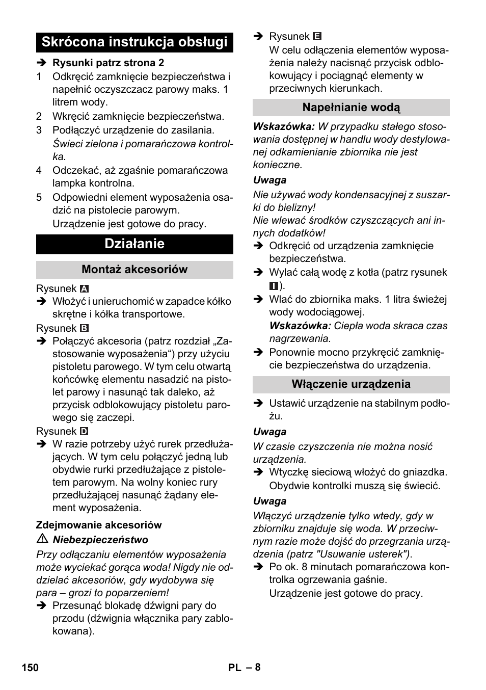 Skrócona instrukcja obsługi działanie | Karcher SC 1-010 User Manual | Page 150 / 230