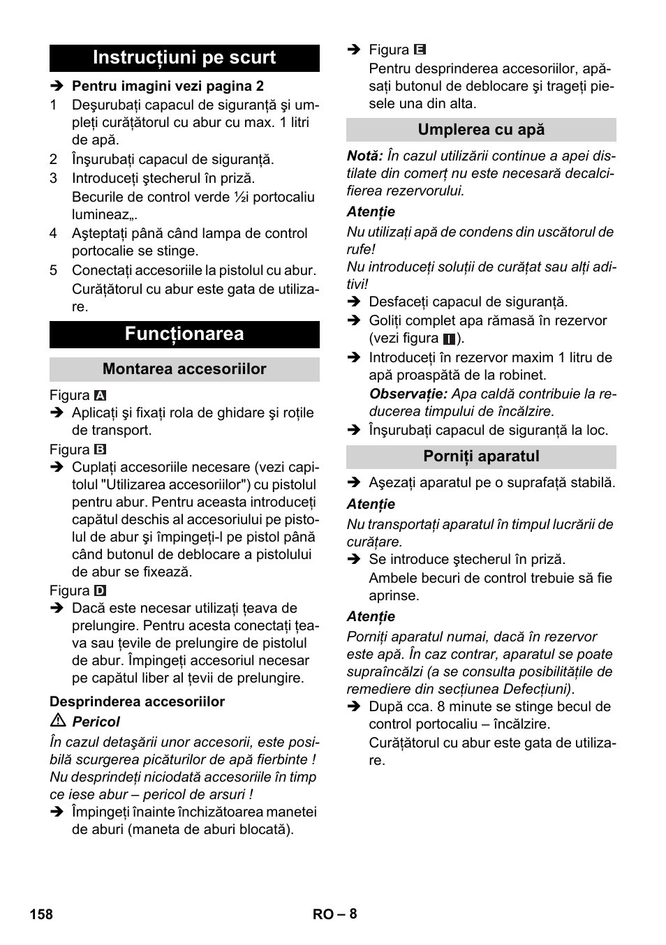 Instrucţiuni pe scurt funcţionarea | Karcher SC 1-010 User Manual | Page 158 / 230