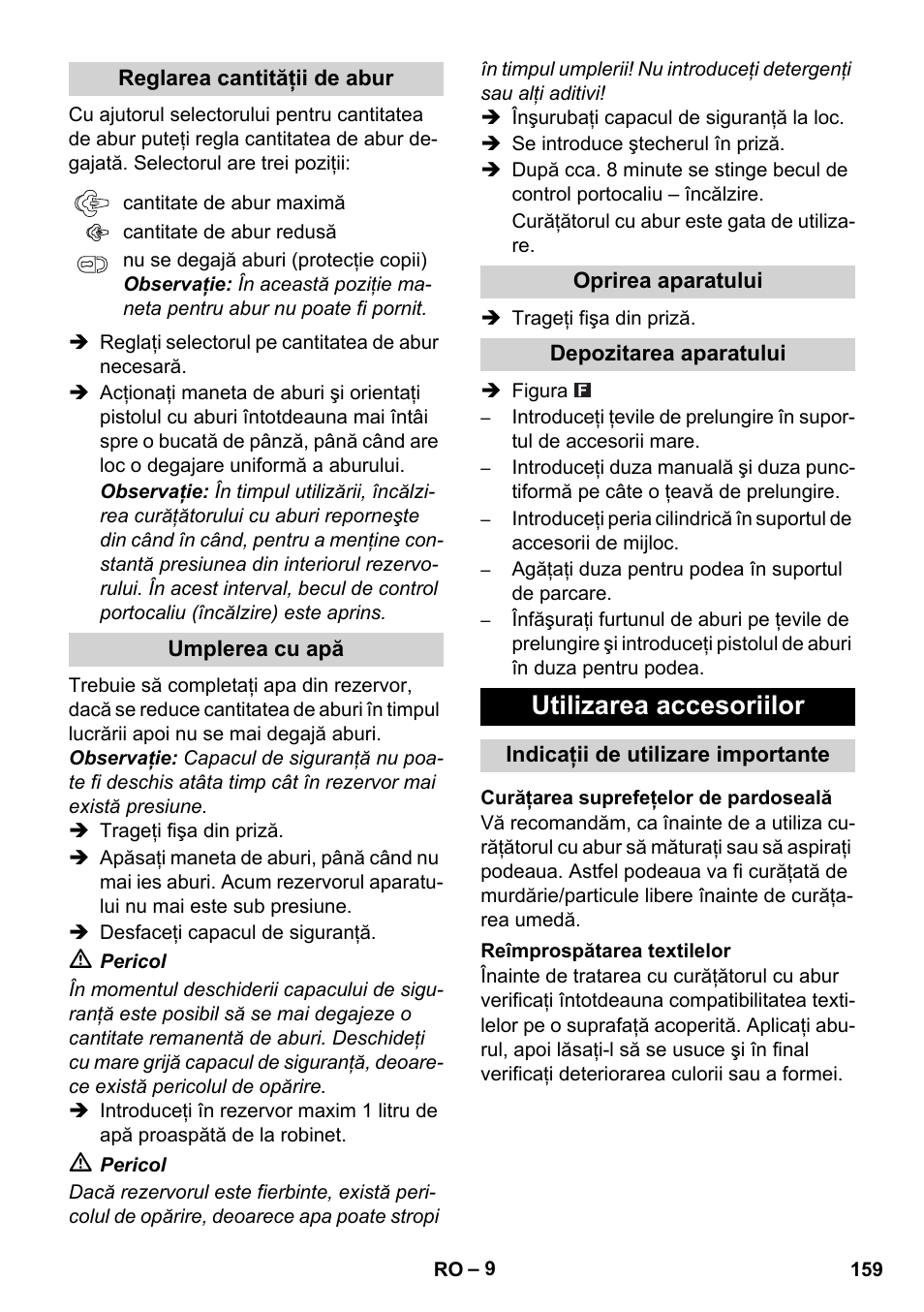 Utilizarea accesoriilor | Karcher SC 1-010 User Manual | Page 159 / 230