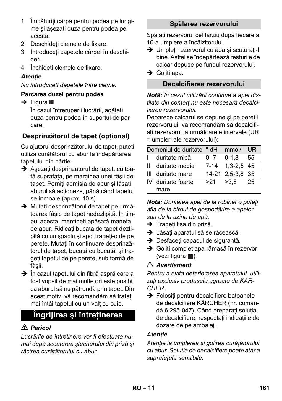 Îngrijirea şi întreţinerea | Karcher SC 1-010 User Manual | Page 161 / 230