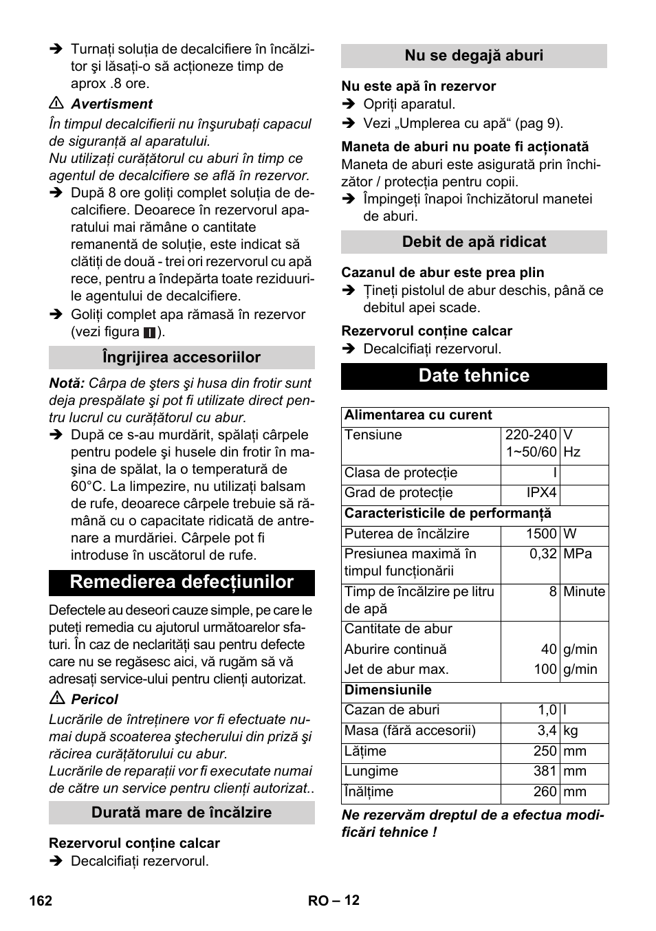 Remedierea defecţiunilor, Date tehnice | Karcher SC 1-010 User Manual | Page 162 / 230