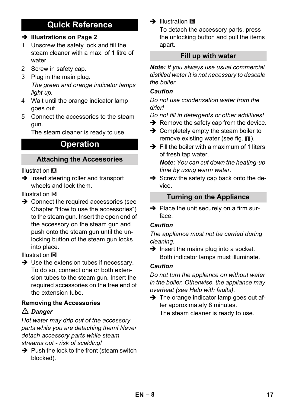 Quick reference operation | Karcher SC 1-010 User Manual | Page 17 / 230