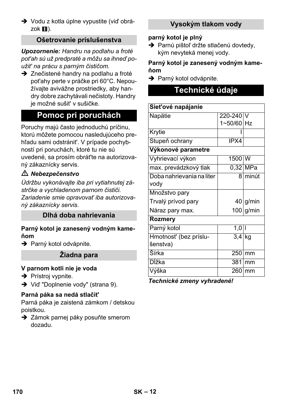 Pomoc pri poruchách, Technické údaje | Karcher SC 1-010 User Manual | Page 170 / 230