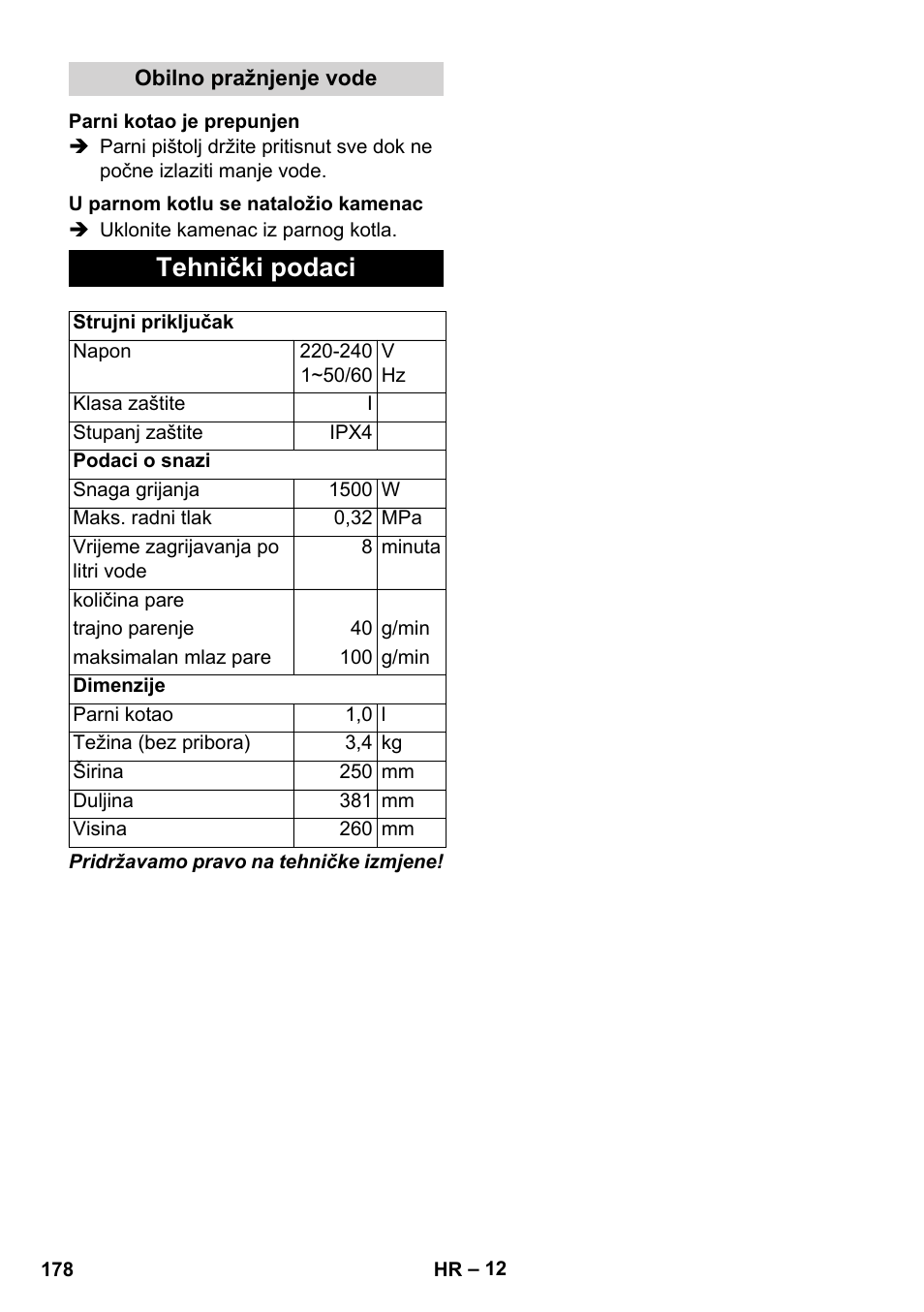 Tehnički podaci | Karcher SC 1-010 User Manual | Page 178 / 230