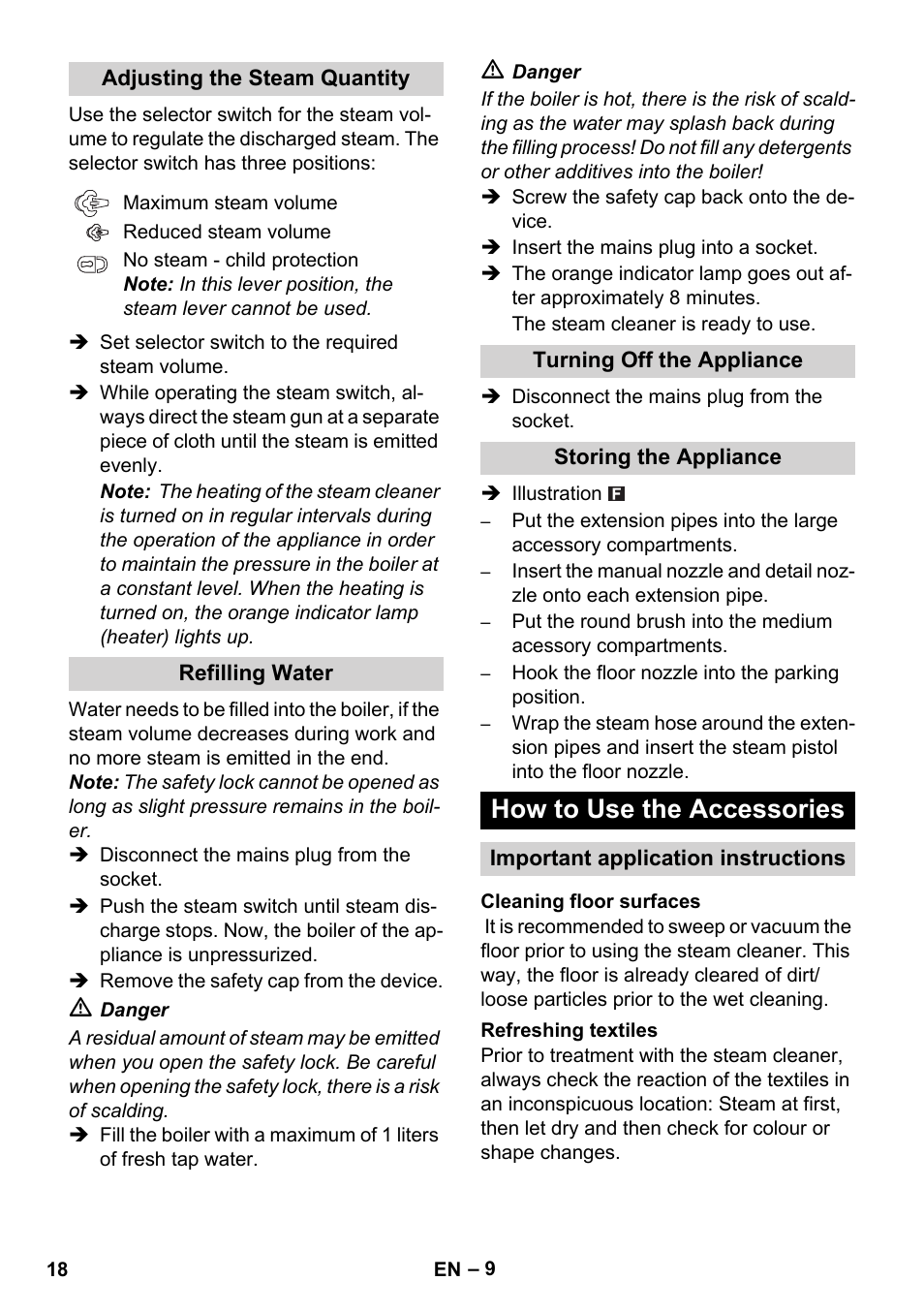 How to use the accessories | Karcher SC 1-010 User Manual | Page 18 / 230