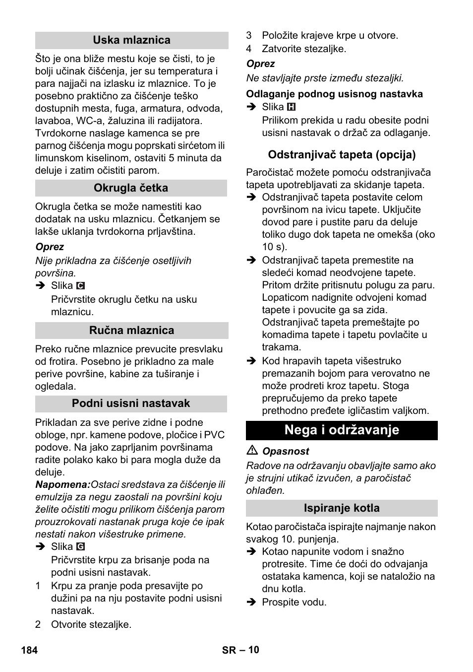 Nega i održavanje | Karcher SC 1-010 User Manual | Page 184 / 230