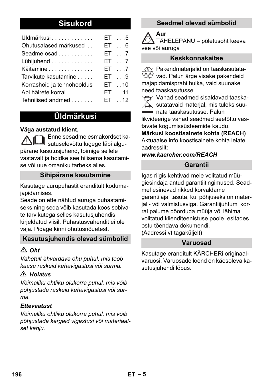 Eesti, Sisukord, Üldmärkusi | Karcher SC 1-010 User Manual | Page 196 / 230