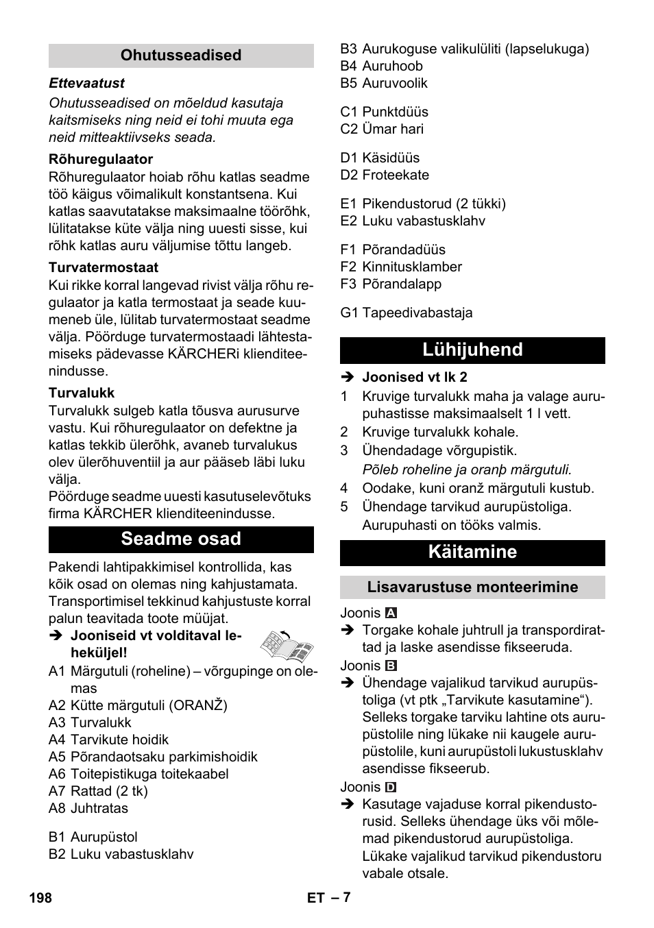 Seadme osad, Lühijuhend käitamine | Karcher SC 1-010 User Manual | Page 198 / 230