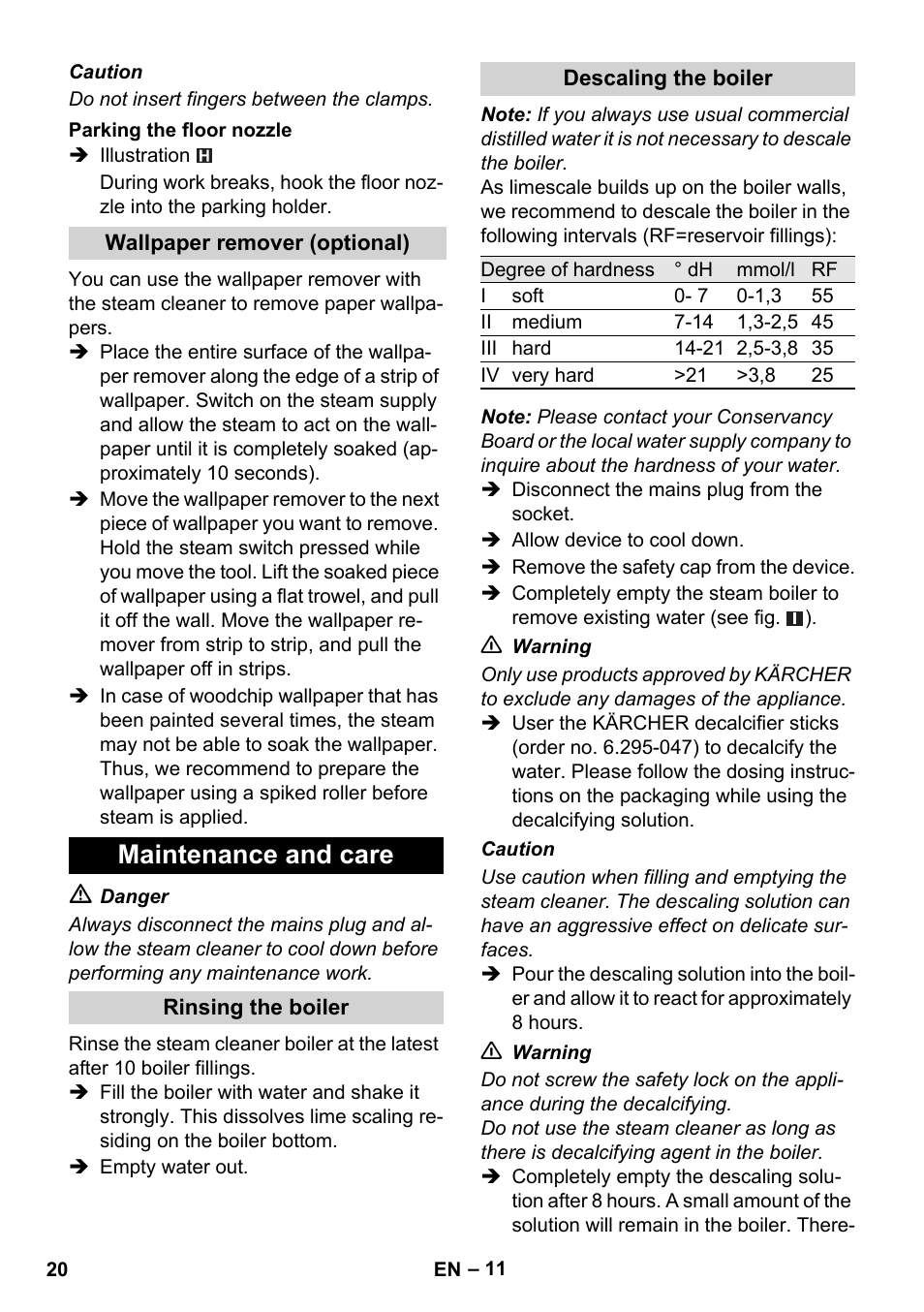 Maintenance and care | Karcher SC 1-010 User Manual | Page 20 / 230