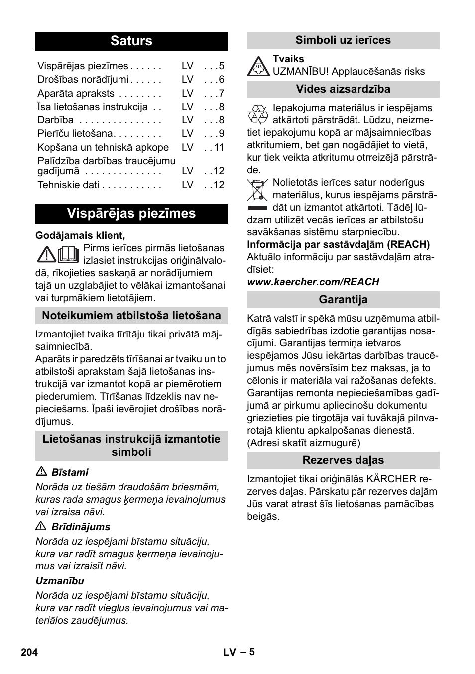 Latviešu, Saturs, Vispārējas piezīmes | Karcher SC 1-010 User Manual | Page 204 / 230