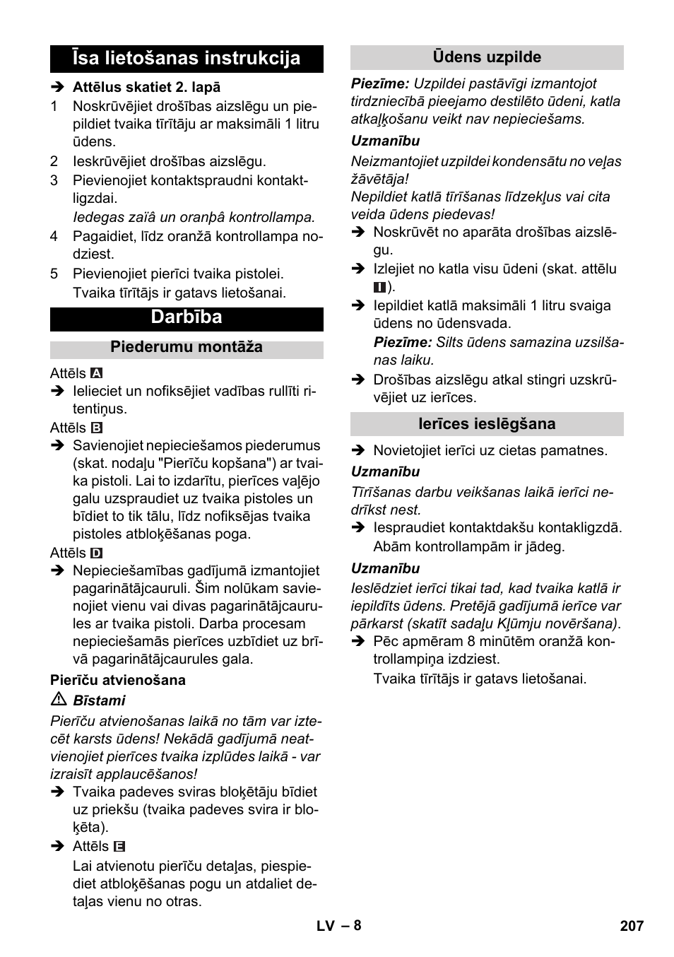 Īsa lietošanas instrukcija darbība | Karcher SC 1-010 User Manual | Page 207 / 230