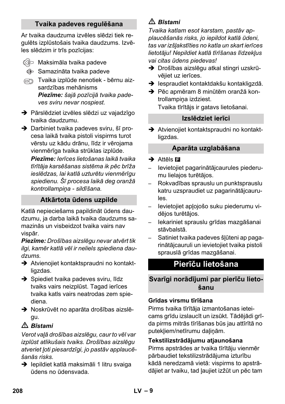 Pierīču lietošana | Karcher SC 1-010 User Manual | Page 208 / 230