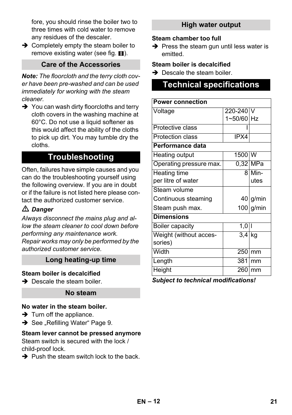 Troubleshooting, Technical specifications | Karcher SC 1-010 User Manual | Page 21 / 230
