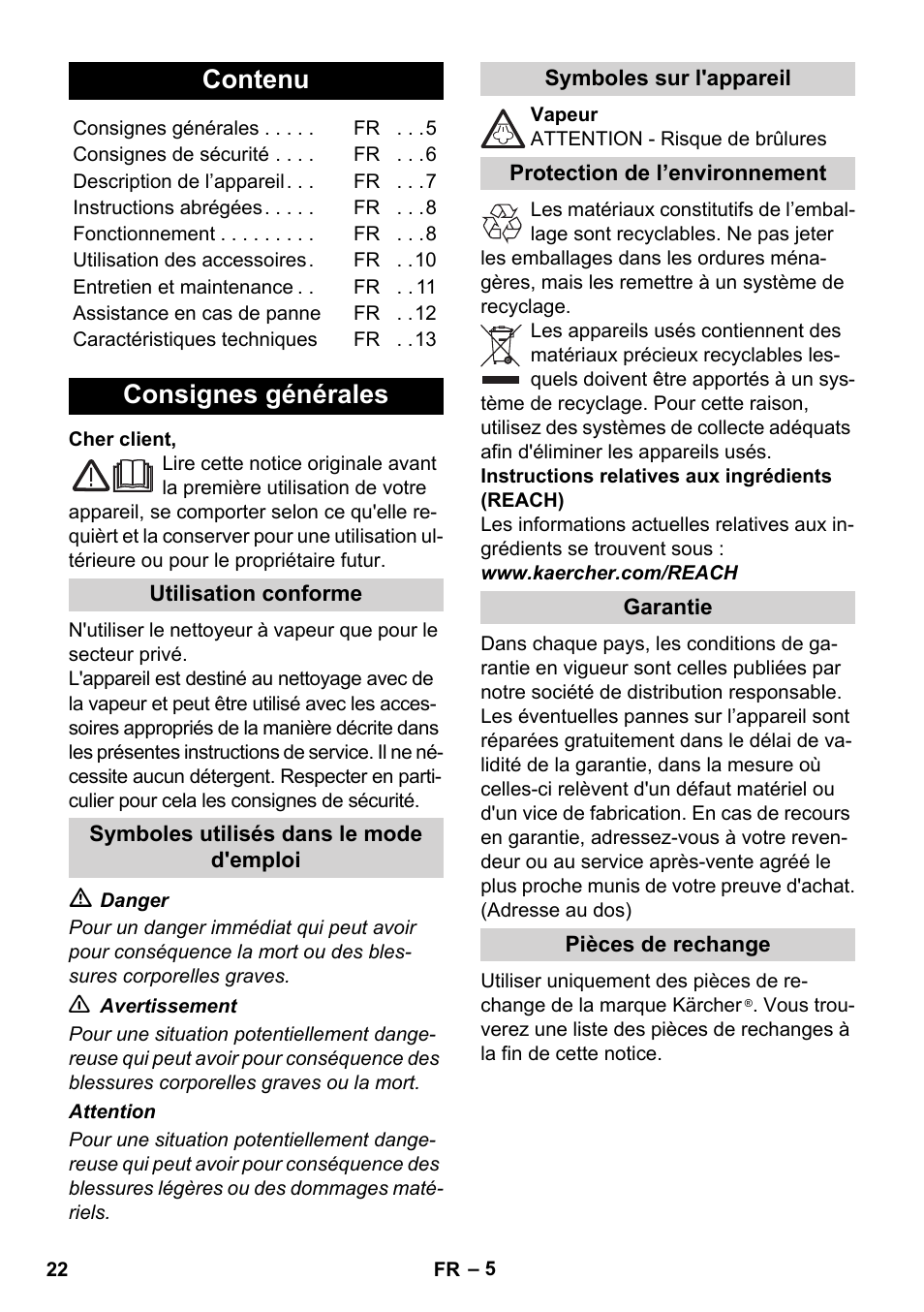 Français, Contenu, Consignes générales | Karcher SC 1-010 User Manual | Page 22 / 230