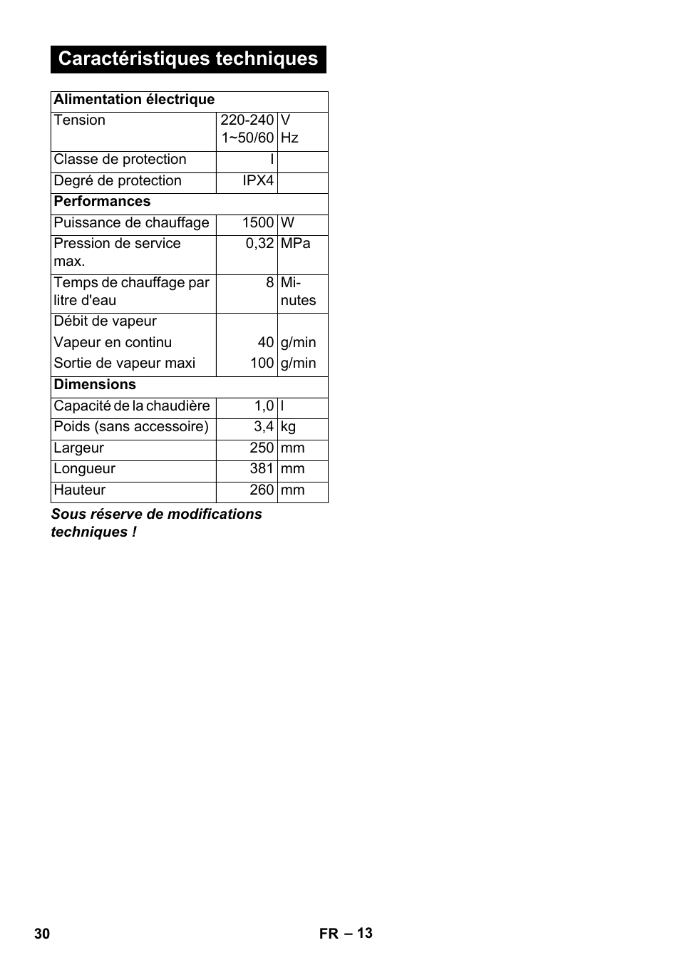 Caractéristiques techniques | Karcher SC 1-010 User Manual | Page 30 / 230