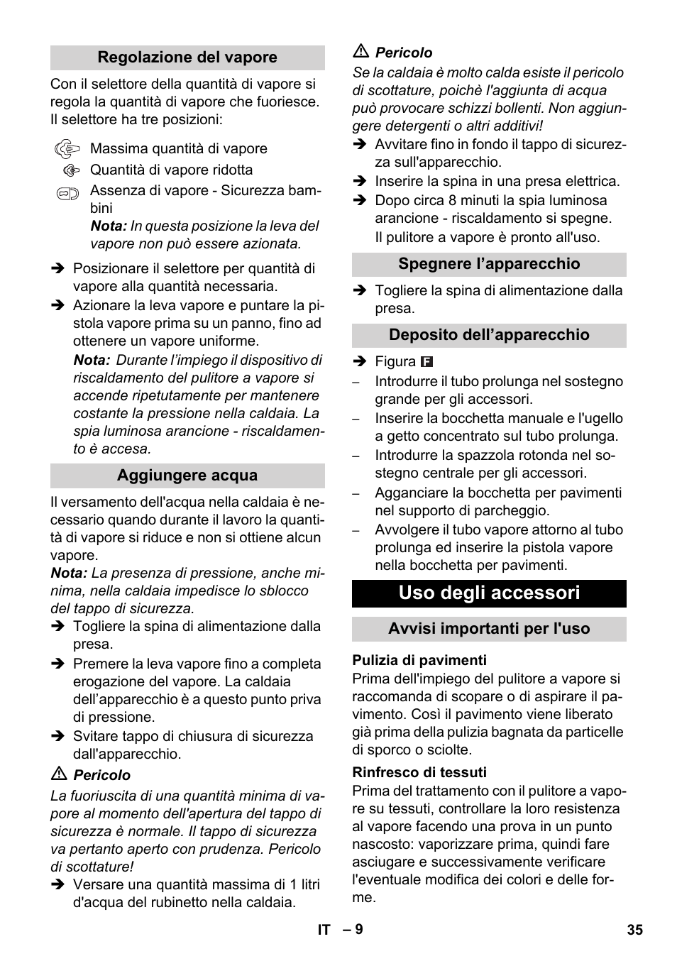 Uso degli accessori | Karcher SC 1-010 User Manual | Page 35 / 230