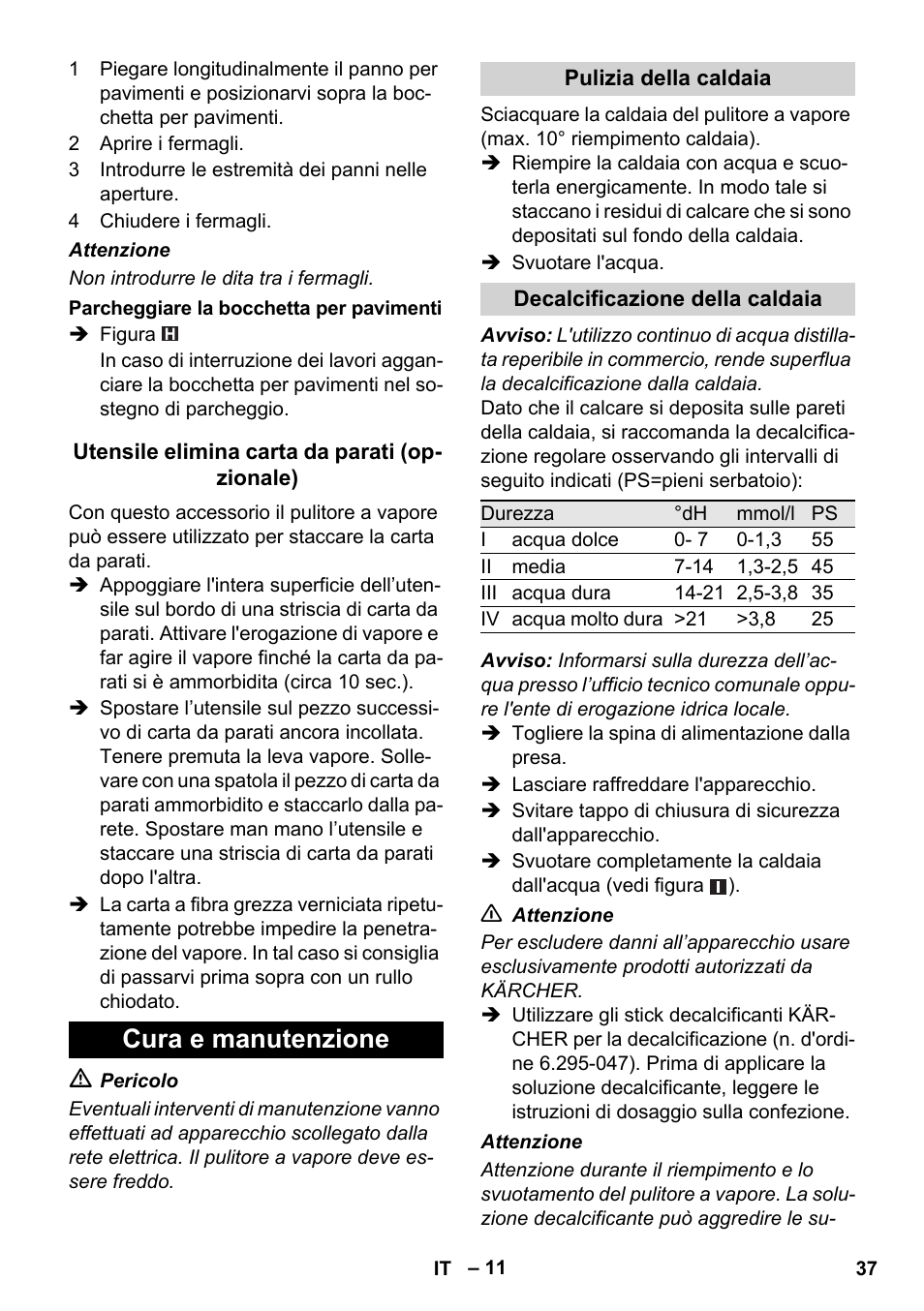 Cura e manutenzione | Karcher SC 1-010 User Manual | Page 37 / 230