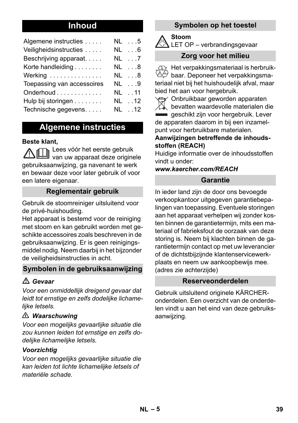 Nederlands, Inhoud, Algemene instructies | Karcher SC 1-010 User Manual | Page 39 / 230