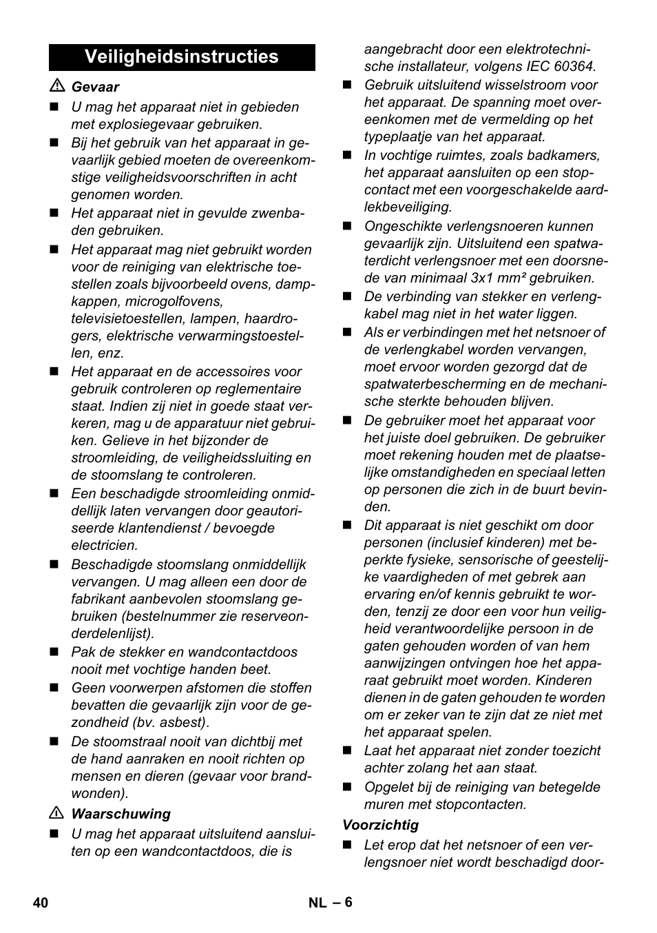 Veiligheidsinstructies | Karcher SC 1-010 User Manual | Page 40 / 230