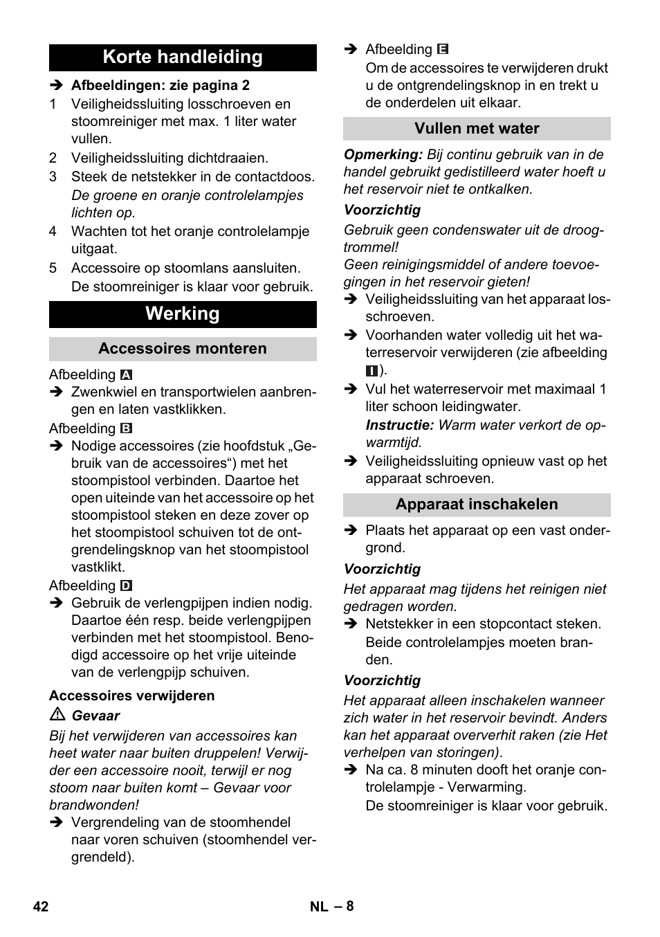 Korte handleiding werking | Karcher SC 1-010 User Manual | Page 42 / 230