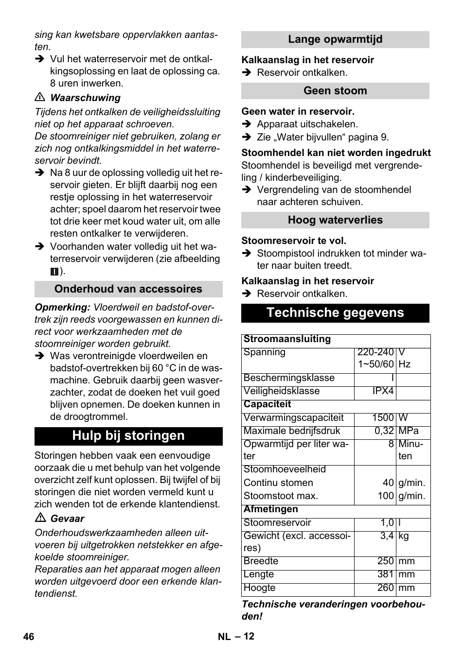 Hulp bij storingen, Technische gegevens | Karcher SC 1-010 User Manual | Page 46 / 230