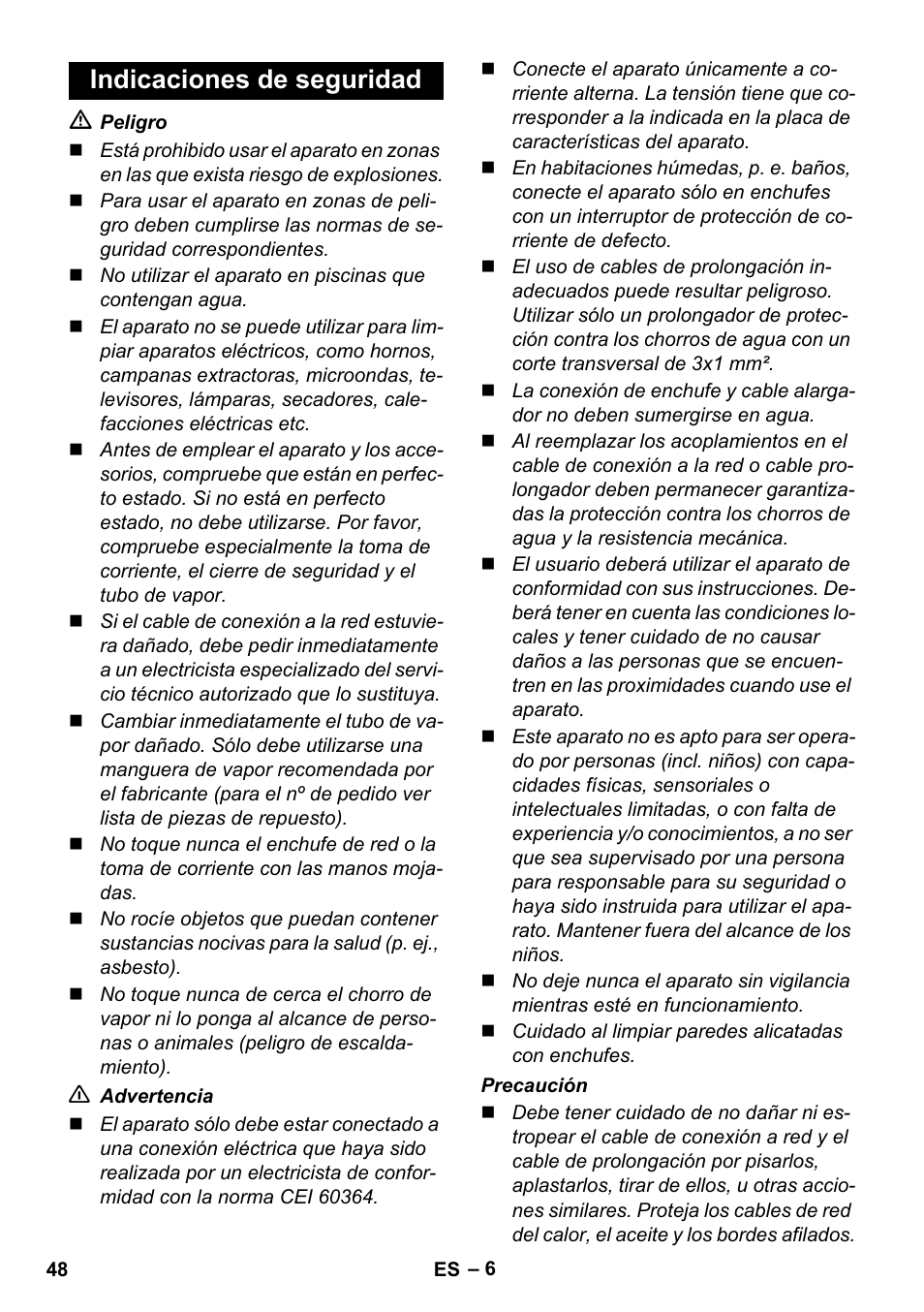 Indicaciones de seguridad | Karcher SC 1-010 User Manual | Page 48 / 230