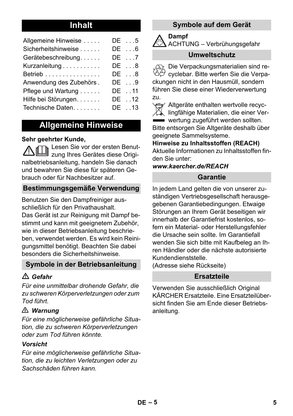 Deutsch, Inhalt, Allgemeine hinweise | Karcher SC 1-010 User Manual | Page 5 / 230