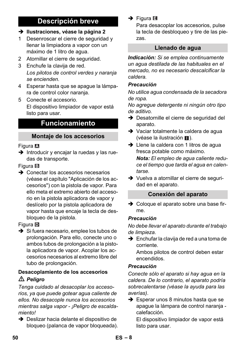 Descripción breve funcionamiento | Karcher SC 1-010 User Manual | Page 50 / 230