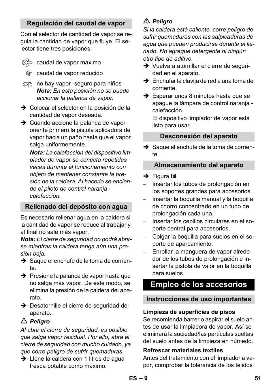 Empleo de los accesorios | Karcher SC 1-010 User Manual | Page 51 / 230