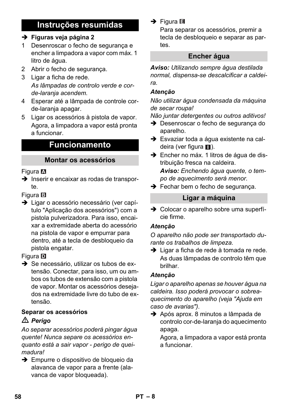 Instruções resumidas funcionamento | Karcher SC 1-010 User Manual | Page 58 / 230