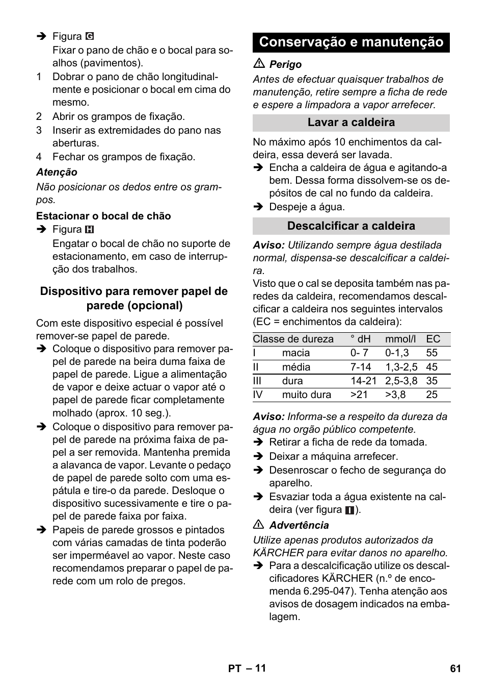 Conservação e manutenção | Karcher SC 1-010 User Manual | Page 61 / 230