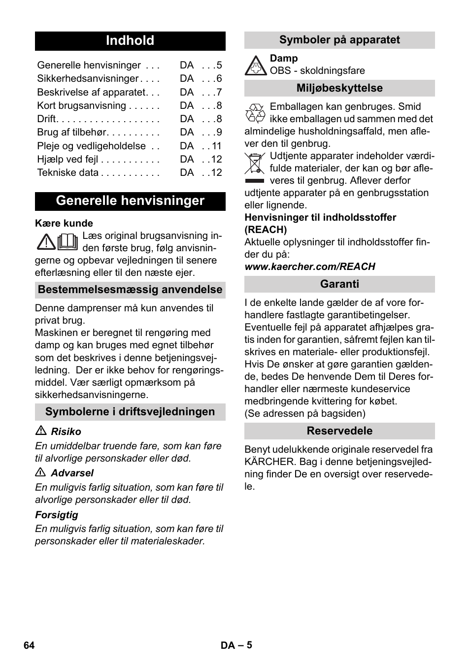 Dansk, Indhold, Generelle henvisninger | Karcher SC 1-010 User Manual | Page 64 / 230