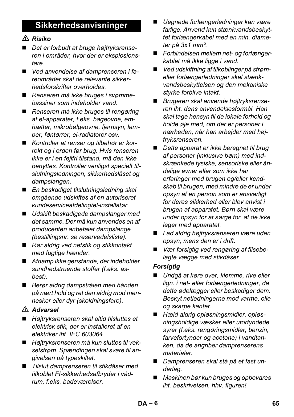 Sikkerhedsanvisninger | Karcher SC 1-010 User Manual | Page 65 / 230