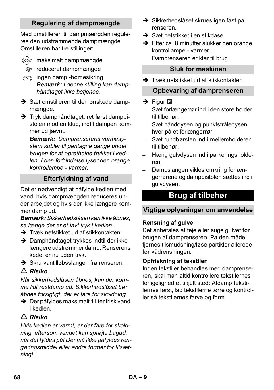 Brug af tilbehør | Karcher SC 1-010 User Manual | Page 68 / 230