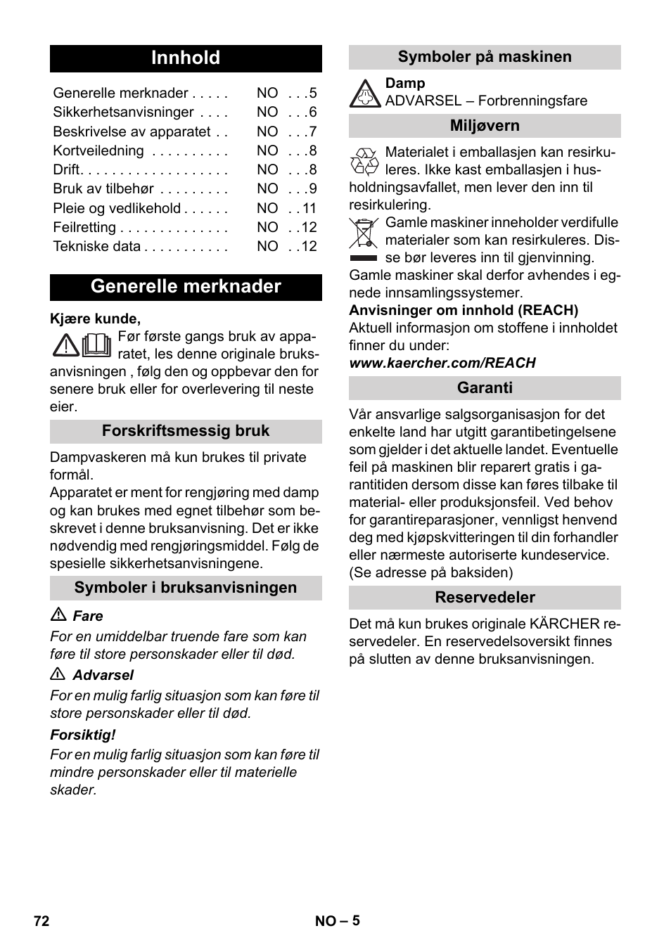 Norsk, Innhold, Generelle merknader | Karcher SC 1-010 User Manual | Page 72 / 230