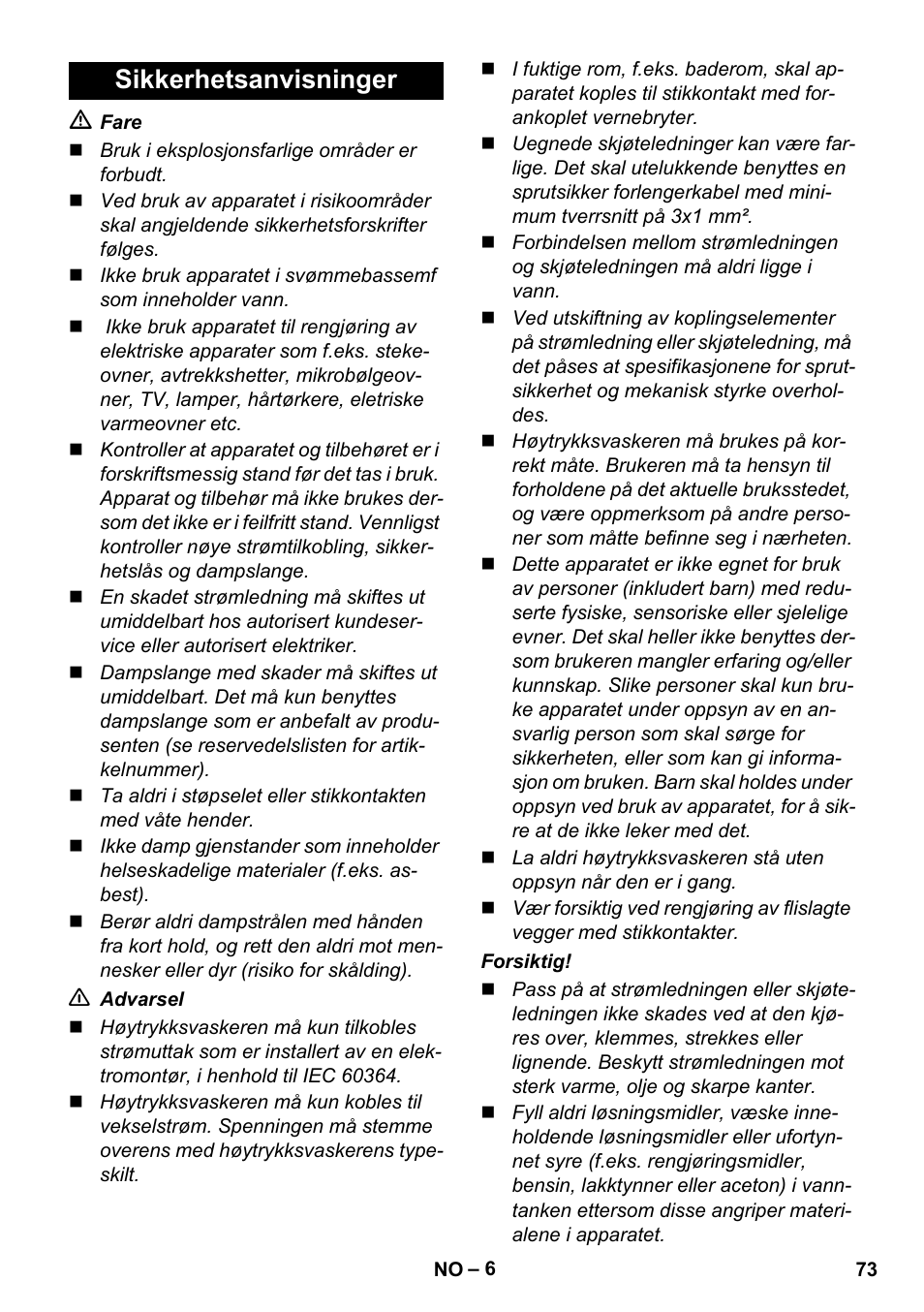 Sikkerhetsanvisninger | Karcher SC 1-010 User Manual | Page 73 / 230