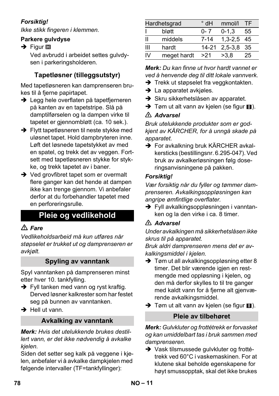 Pleie og vedlikehold | Karcher SC 1-010 User Manual | Page 78 / 230