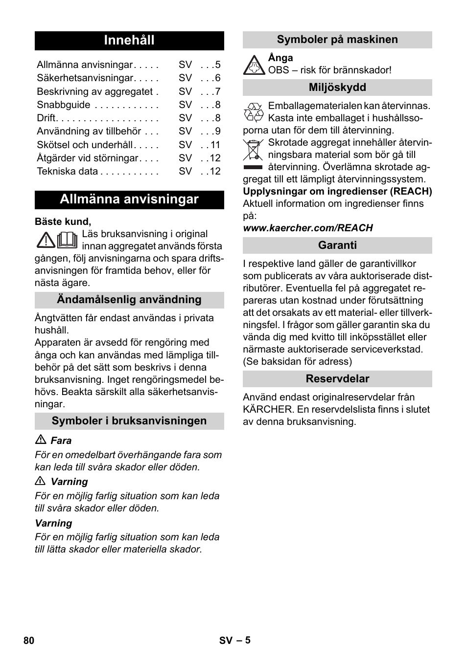 Svenska, Innehåll, Allmänna anvisningar | Karcher SC 1-010 User Manual | Page 80 / 230