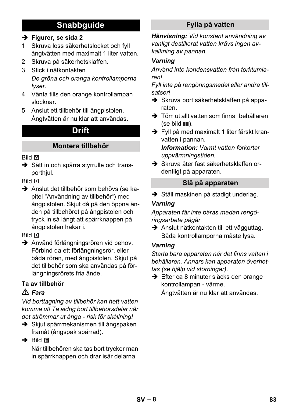 Snabbguide drift | Karcher SC 1-010 User Manual | Page 83 / 230