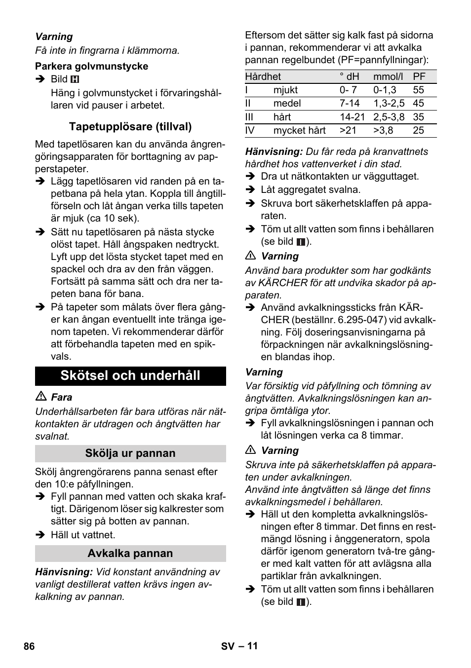 Skötsel och underhåll | Karcher SC 1-010 User Manual | Page 86 / 230