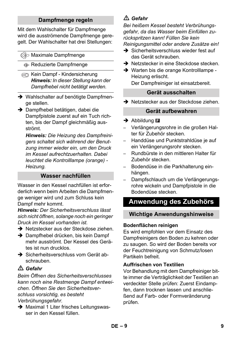 Anwendung des zubehörs | Karcher SC 1-010 User Manual | Page 9 / 230