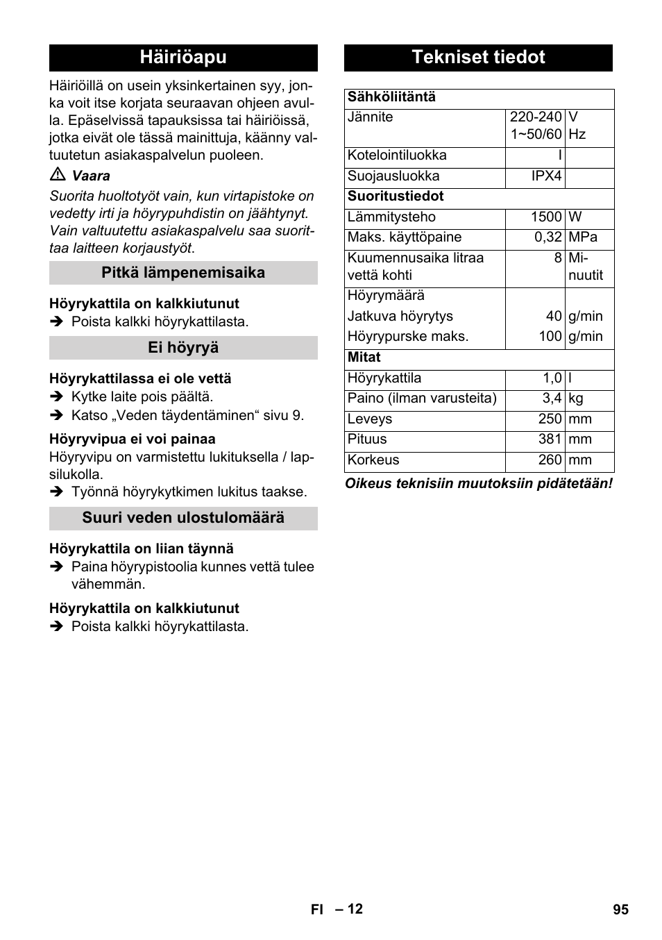 Häiriöapu, Tekniset tiedot | Karcher SC 1-010 User Manual | Page 95 / 230