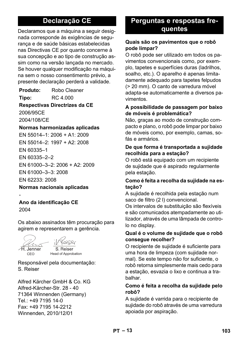 Declaração ce, Perguntas e respostas fre- quentes | Karcher RC 4-000 User Manual | Page 103 / 392