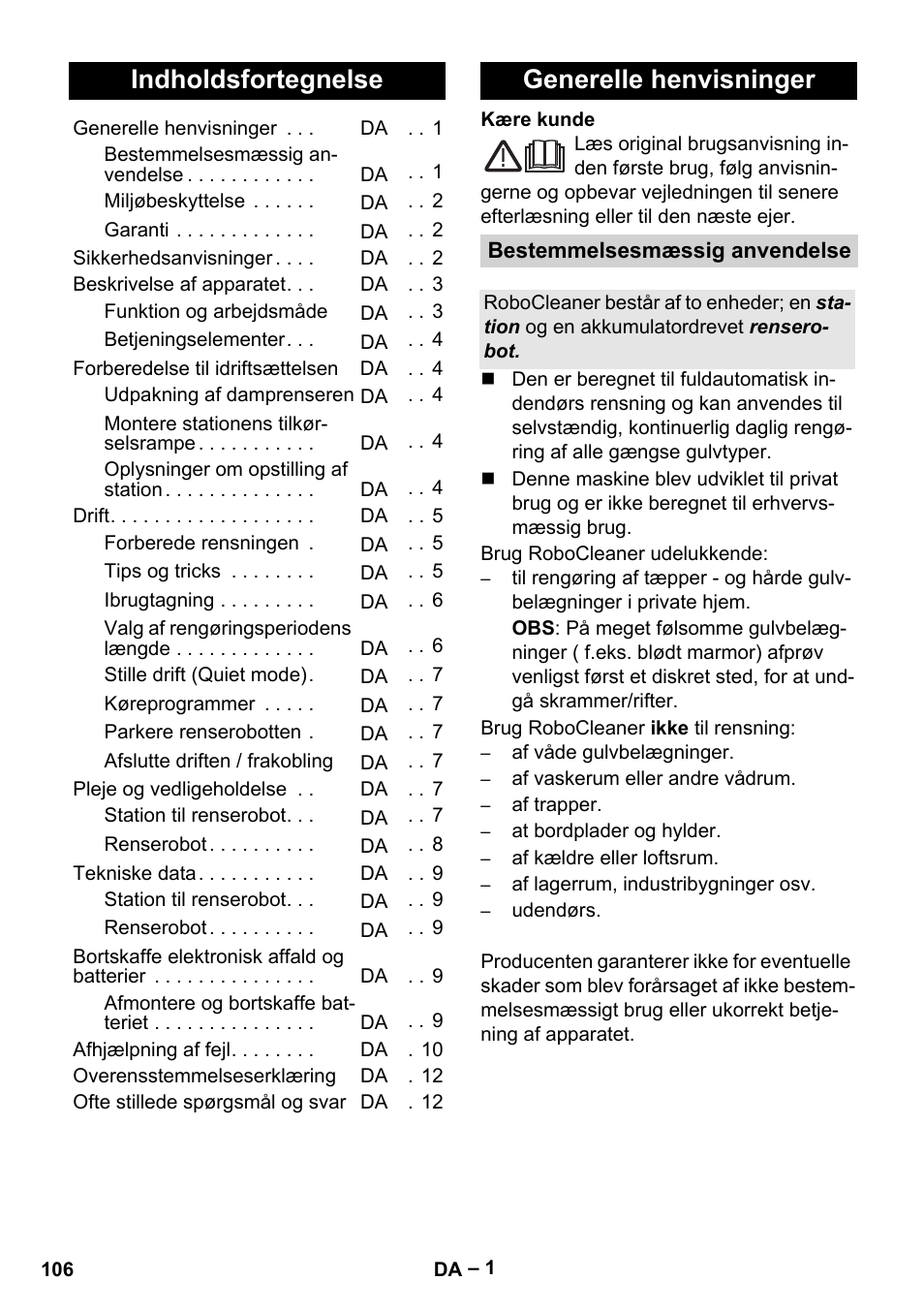 Dansk, Indholdsfortegnelse, Generelle henvisninger | Karcher RC 4-000 User Manual | Page 106 / 392