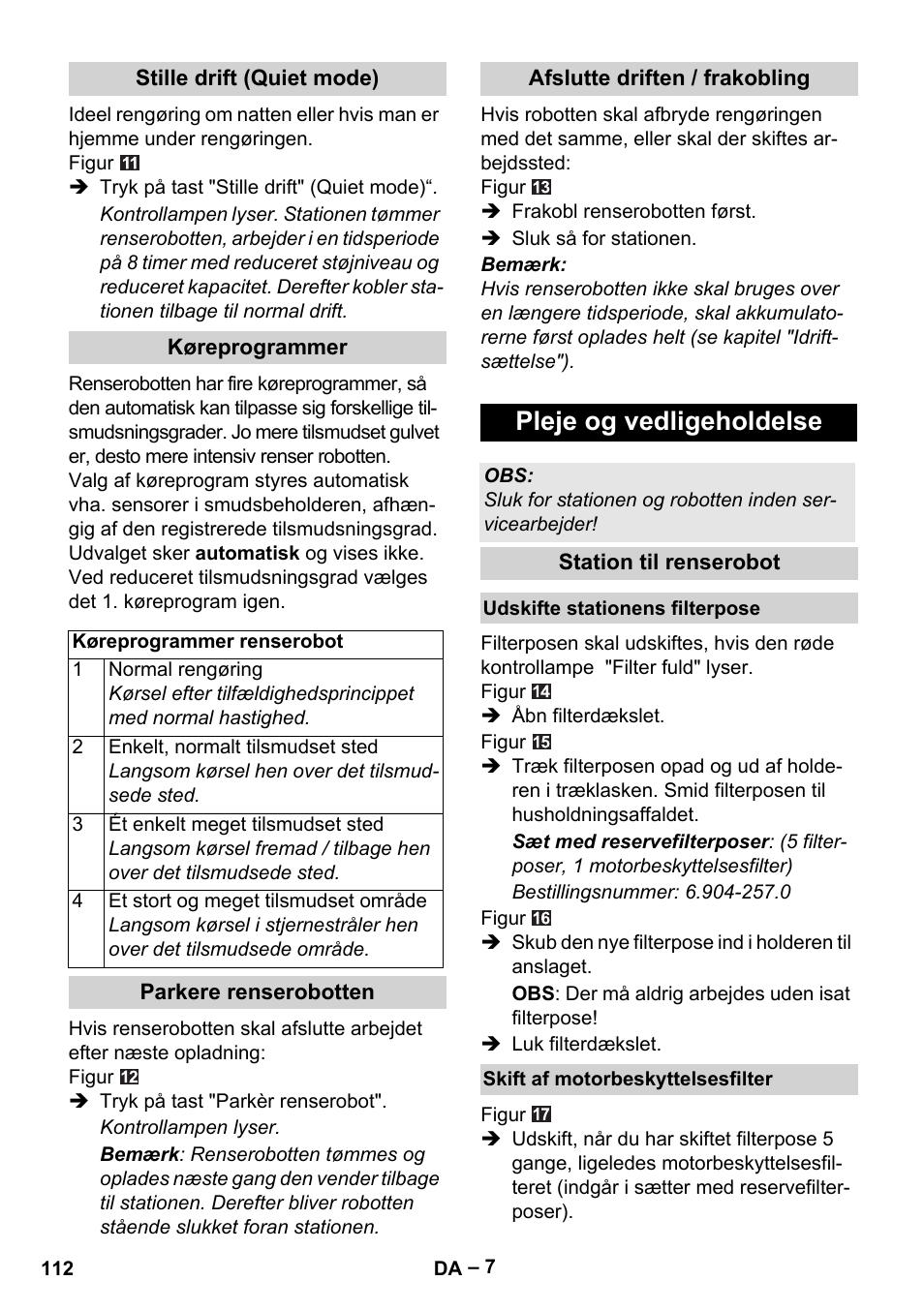 Pleje og vedligeholdelse | Karcher RC 4-000 User Manual | Page 112 / 392